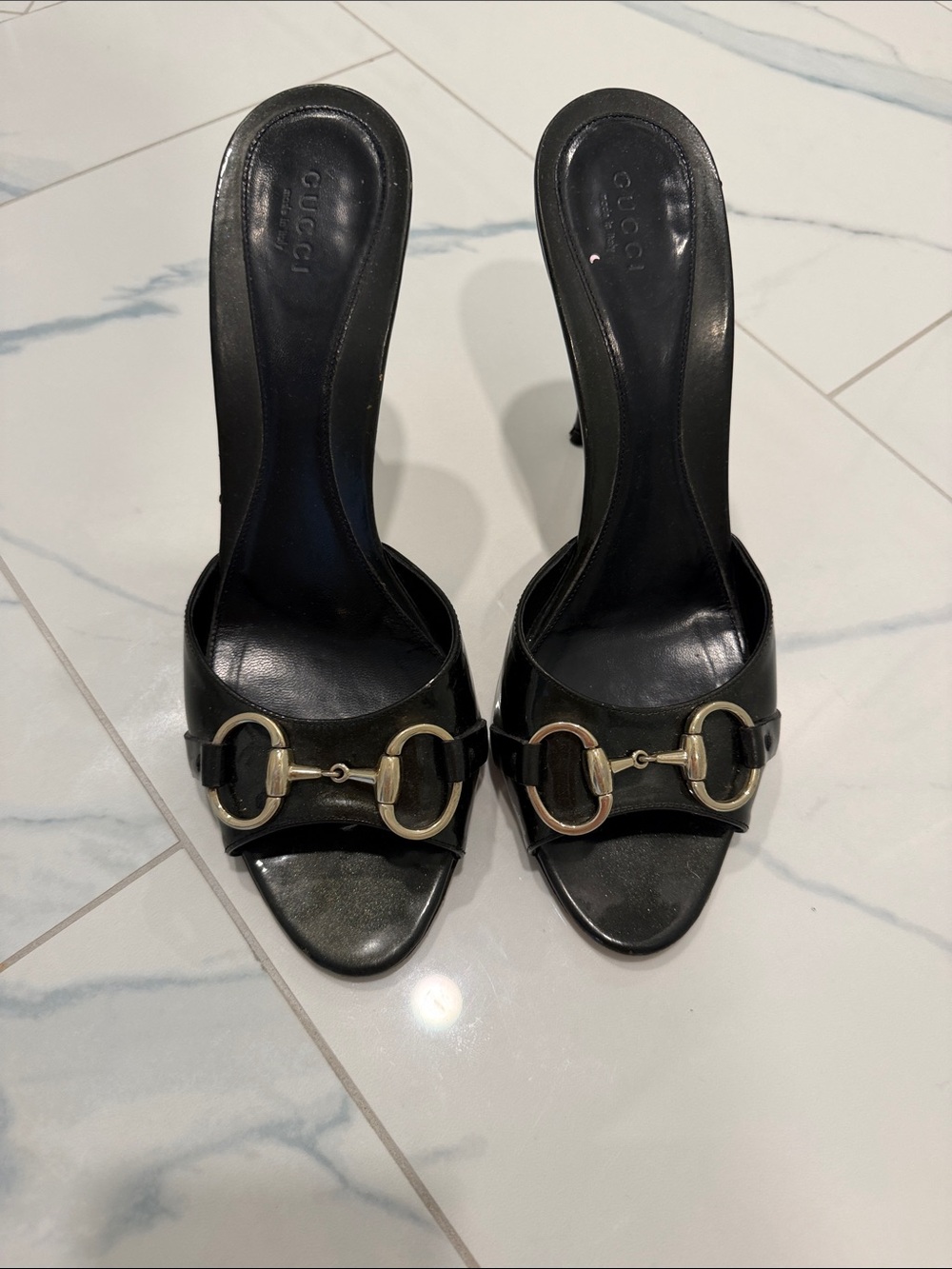 Gucci Black Leather Heeled Slides with Gold Horsebit